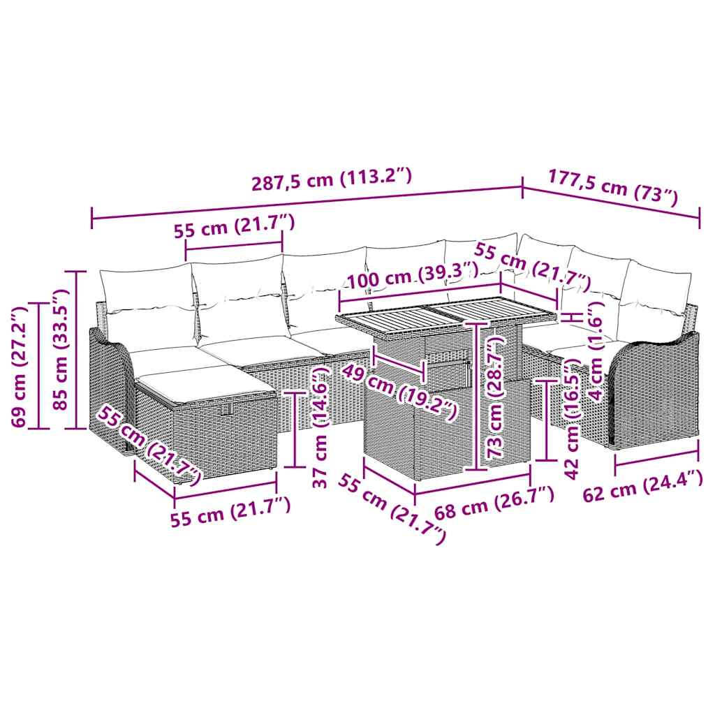 Conjunto de sofás de jardín 9 pcs Negro ratán sintético