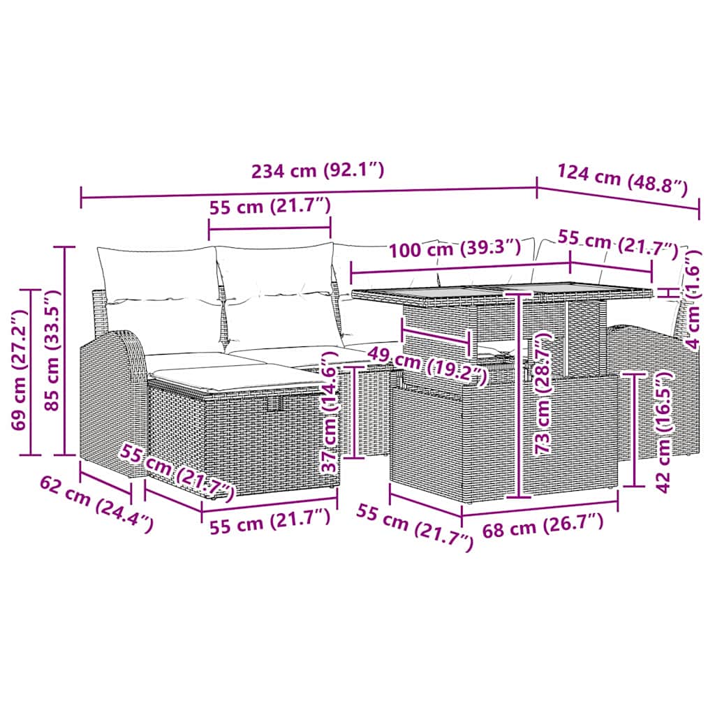 Conjunto de sofás de jardín 7 pcs Negro ratán sintético