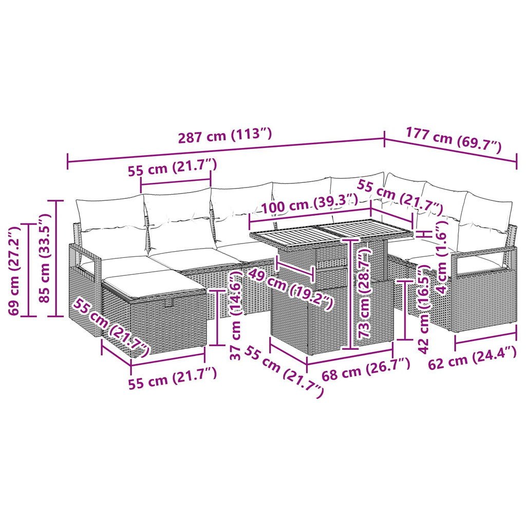 Conjunto de sofás de jardín 9 pcs Negro ratán sintético