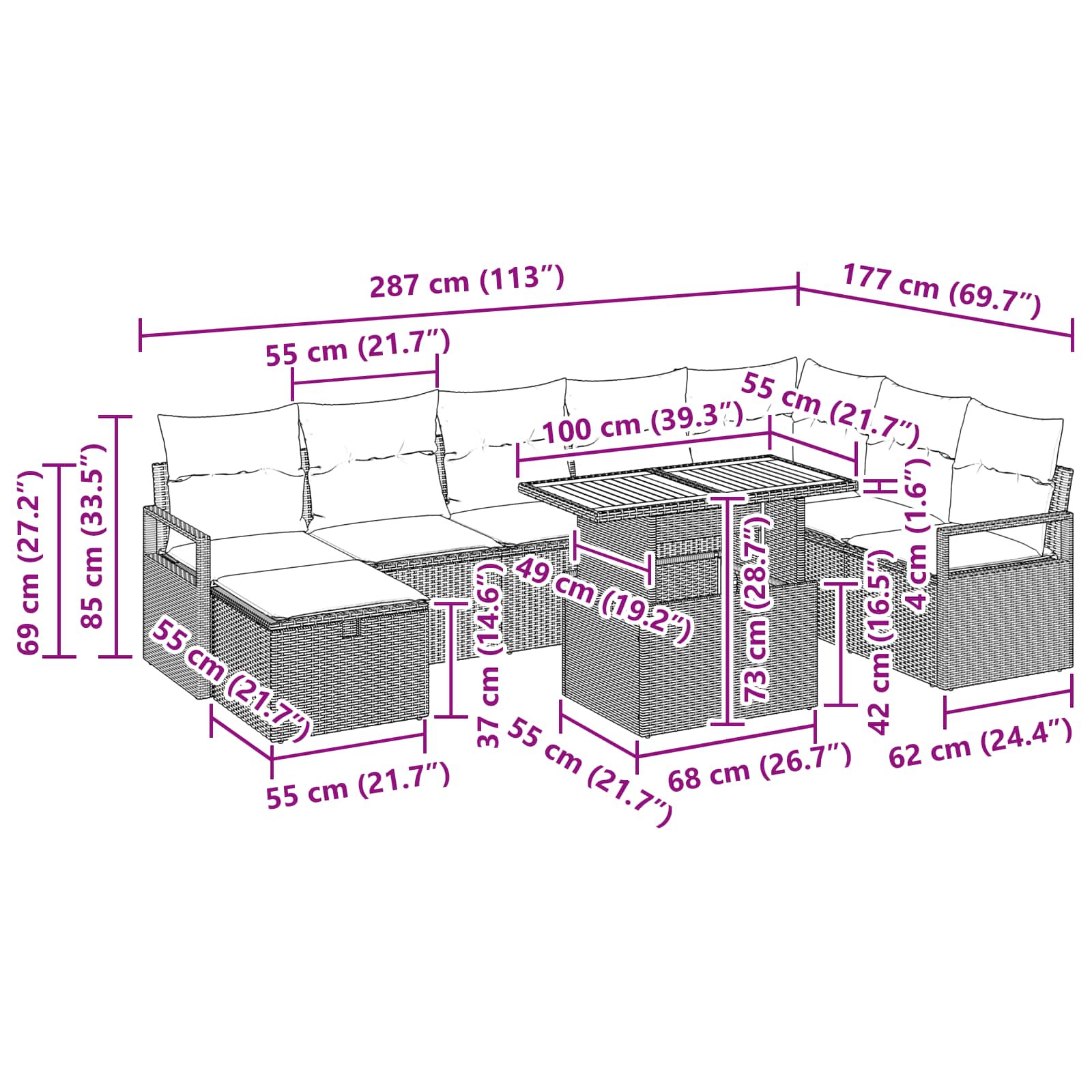 Conjunto de sofás de jardín 9 pcs Negro ratán sintético