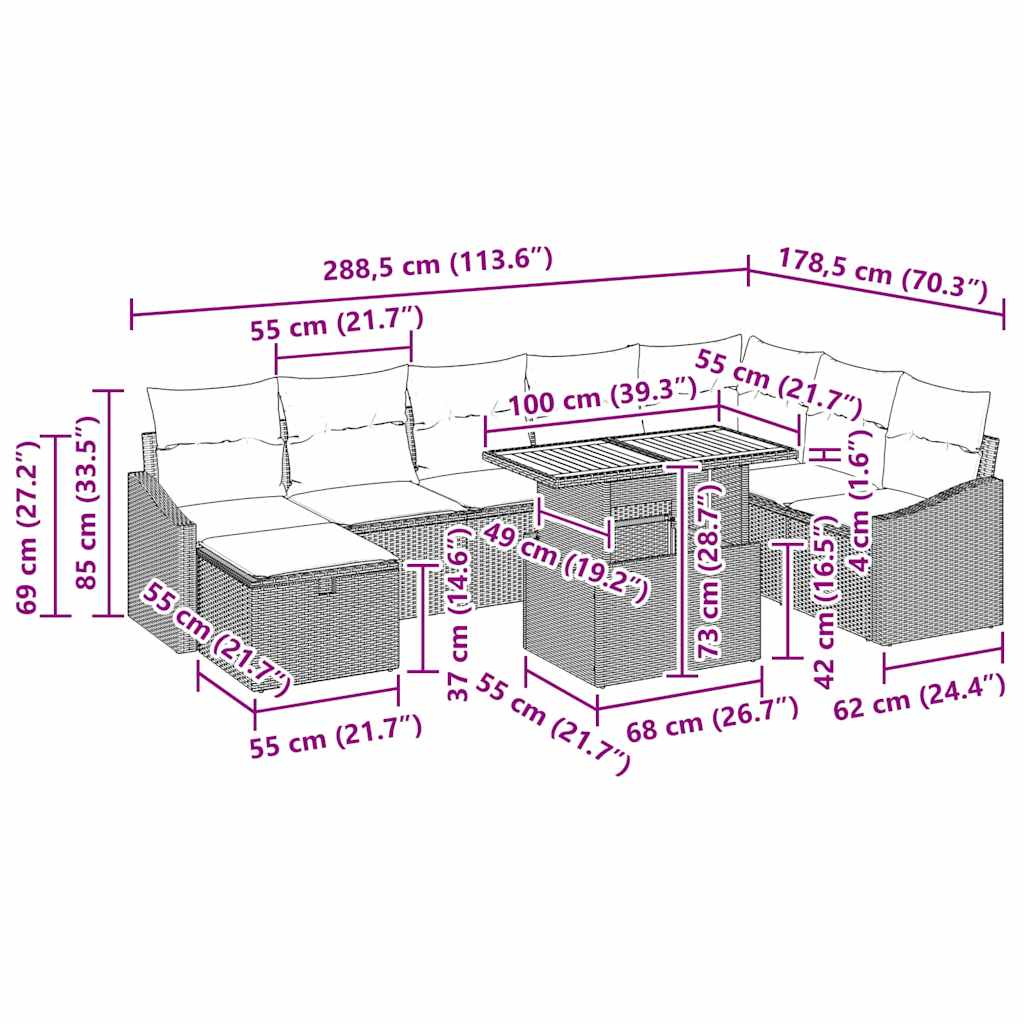 Conjunto de sofás de jardín 9 pcs Beige ratán sintético
