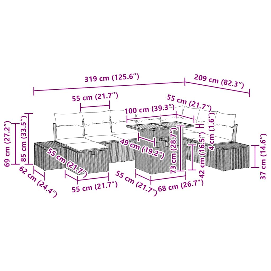 Conjunto de sofás de jardín 9 pcs Beige ratán sintético