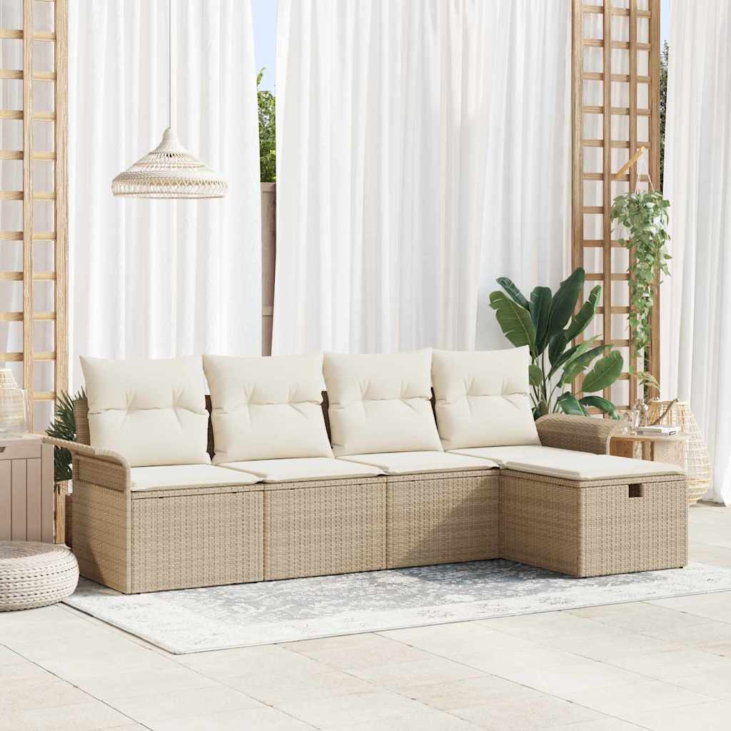 Conjunto de sofá de jardim com almofadas 5 pçs Bege Polirratan