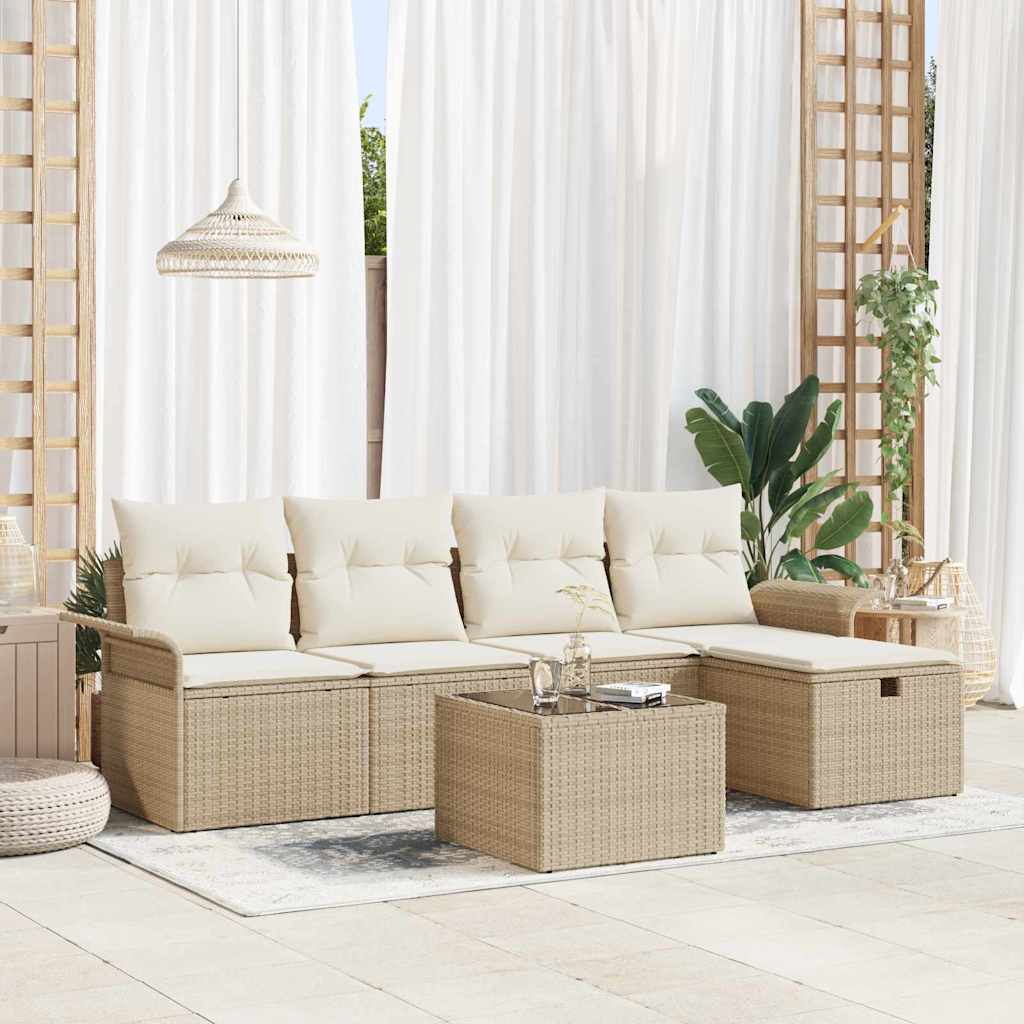Conjunto de sofá de jardim com almofadas 5 pçs Bege Polirratan