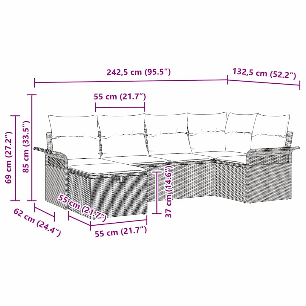 Conjunto de sofá de jardín con cojín 6 pcs Poliratán