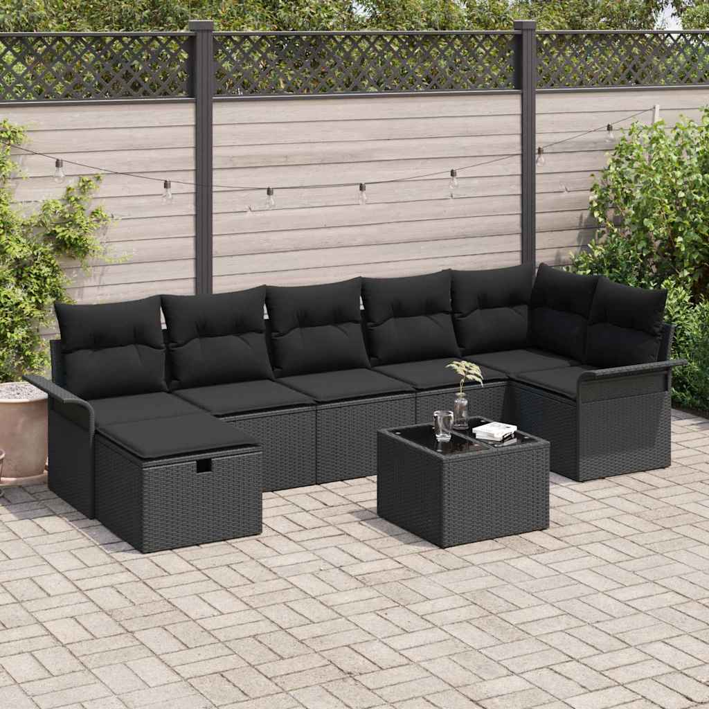 Conjunto de sofá de jardim com almofada 8 unid. Preto Poliratã