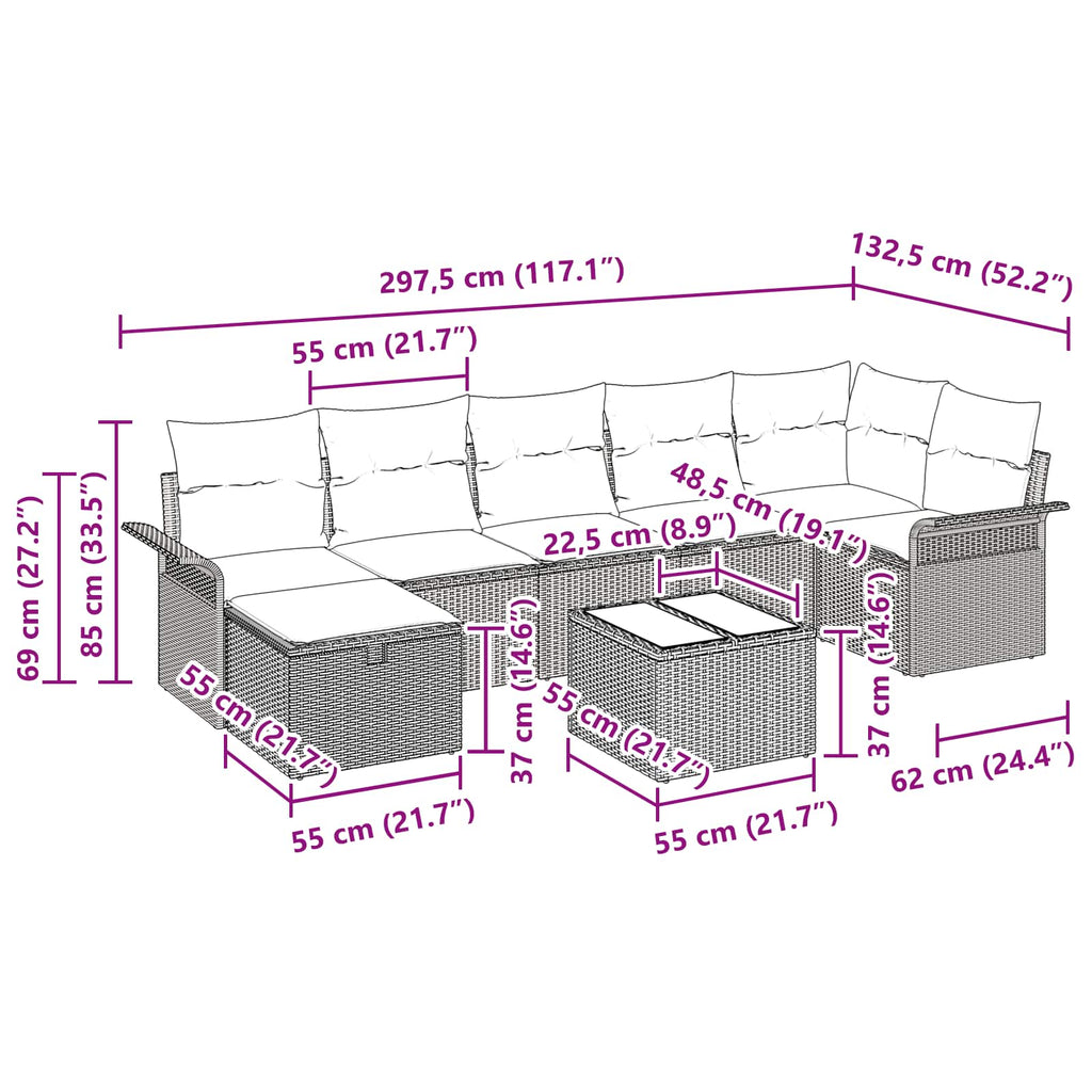 Conjunto de sofá de jardín con cojín 8 pcs Poliratán