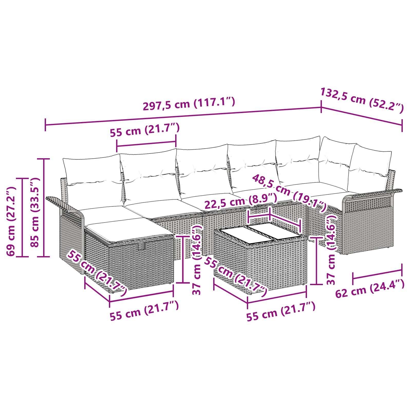 Conjunto de sofá de jardín con cojín 8 pcs Negro Poliratán
