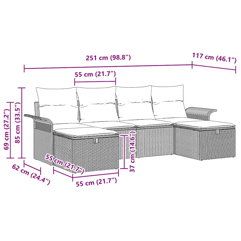 Conjunto de sofá de jardín con cojín 6 pcs Beige Poliratán