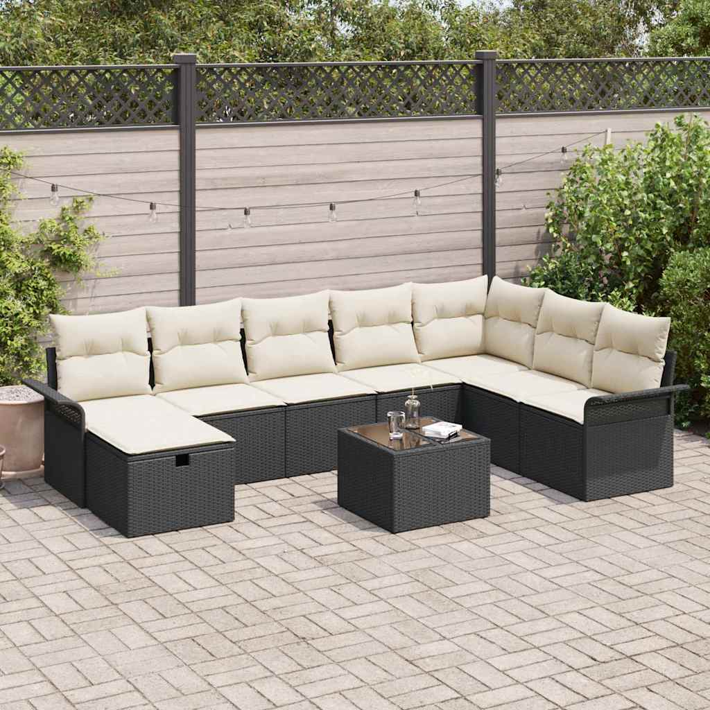 Conjunto de sofá de jardín con cojín 9 pcs Marrón Poliratán