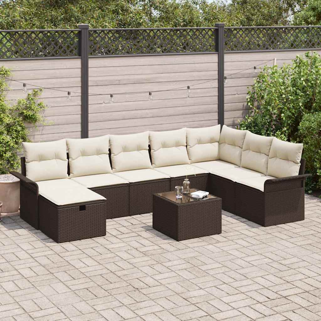 Conjunto de sofá de jardín con cojín 9 pcs Marrón Poliratán
