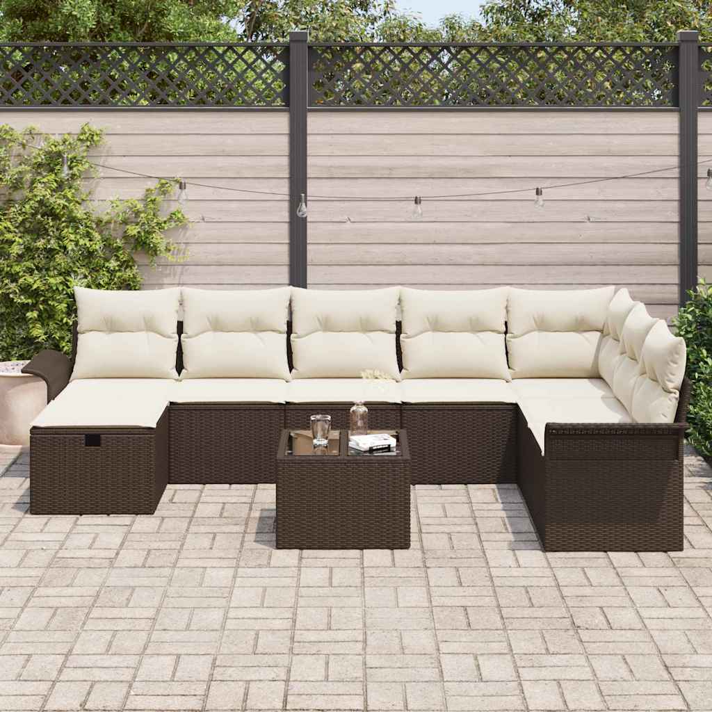 Conjunto de sofá de jardín con cojín 9 pcs Marrón Poliratán