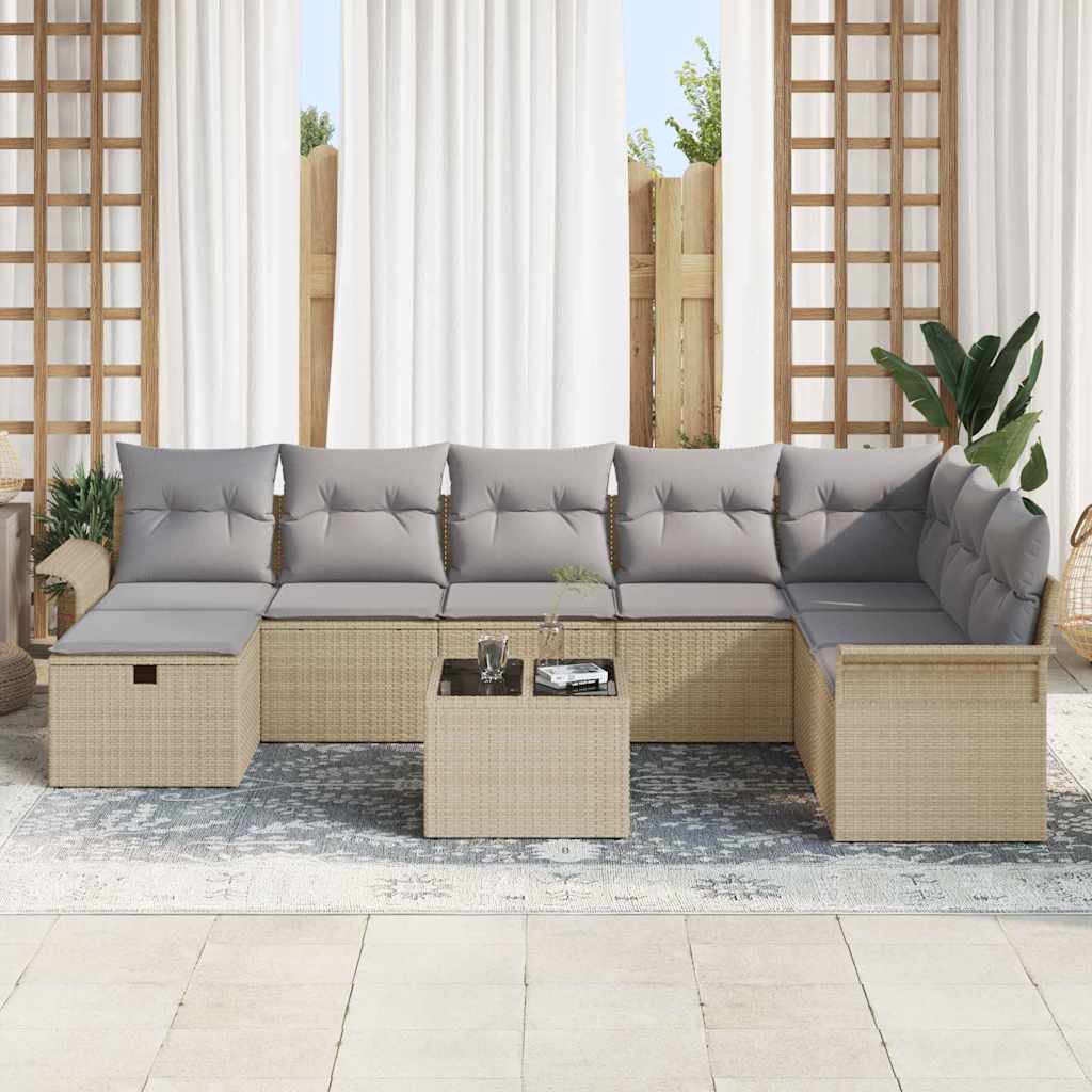 Conjunto de sofá de jardín con cojín 9 pcs Beige Poliratán