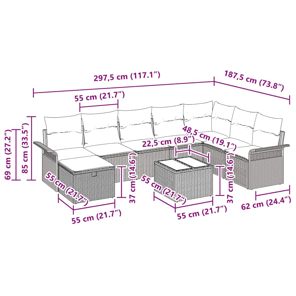 Conjunto de sofá de jardín con cojín 9 pcs Gris claro Poliratán