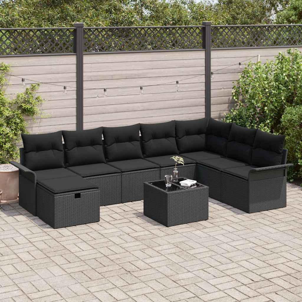 Conjunto de sofá de jardín con cojín 9 pcs Marrón Poliratán