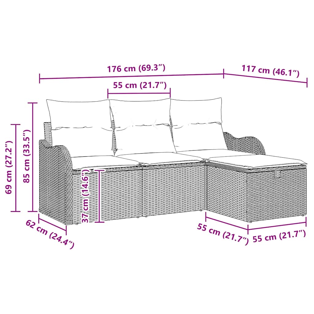 Conjunto de sofá de jardín con cojín 4 pcs Beige Poliratán