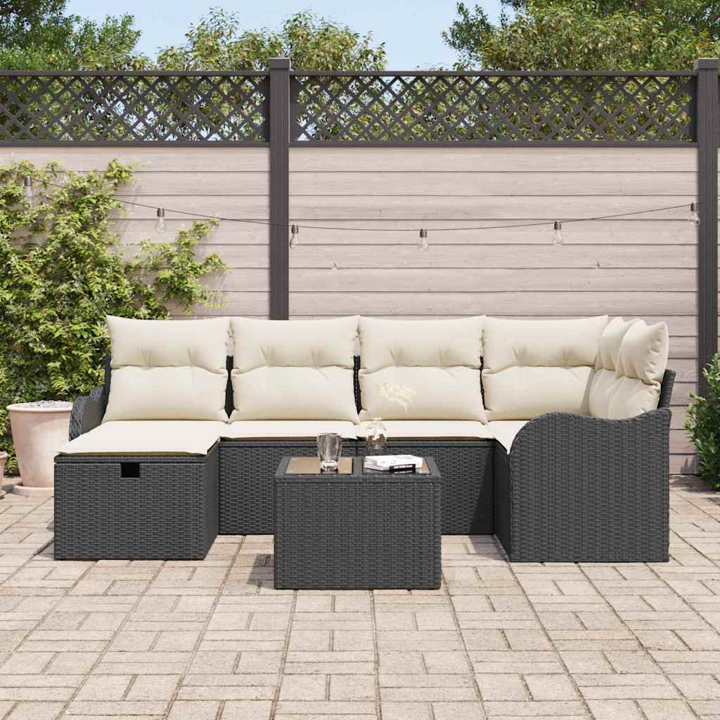 Conjunto de sofá de jardín con cojín 7 pcs Negro Poliratán