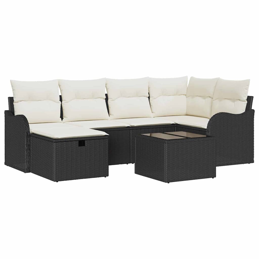 Conjunto de sofá de jardín con cojín 7 pcs Negro Poliratán