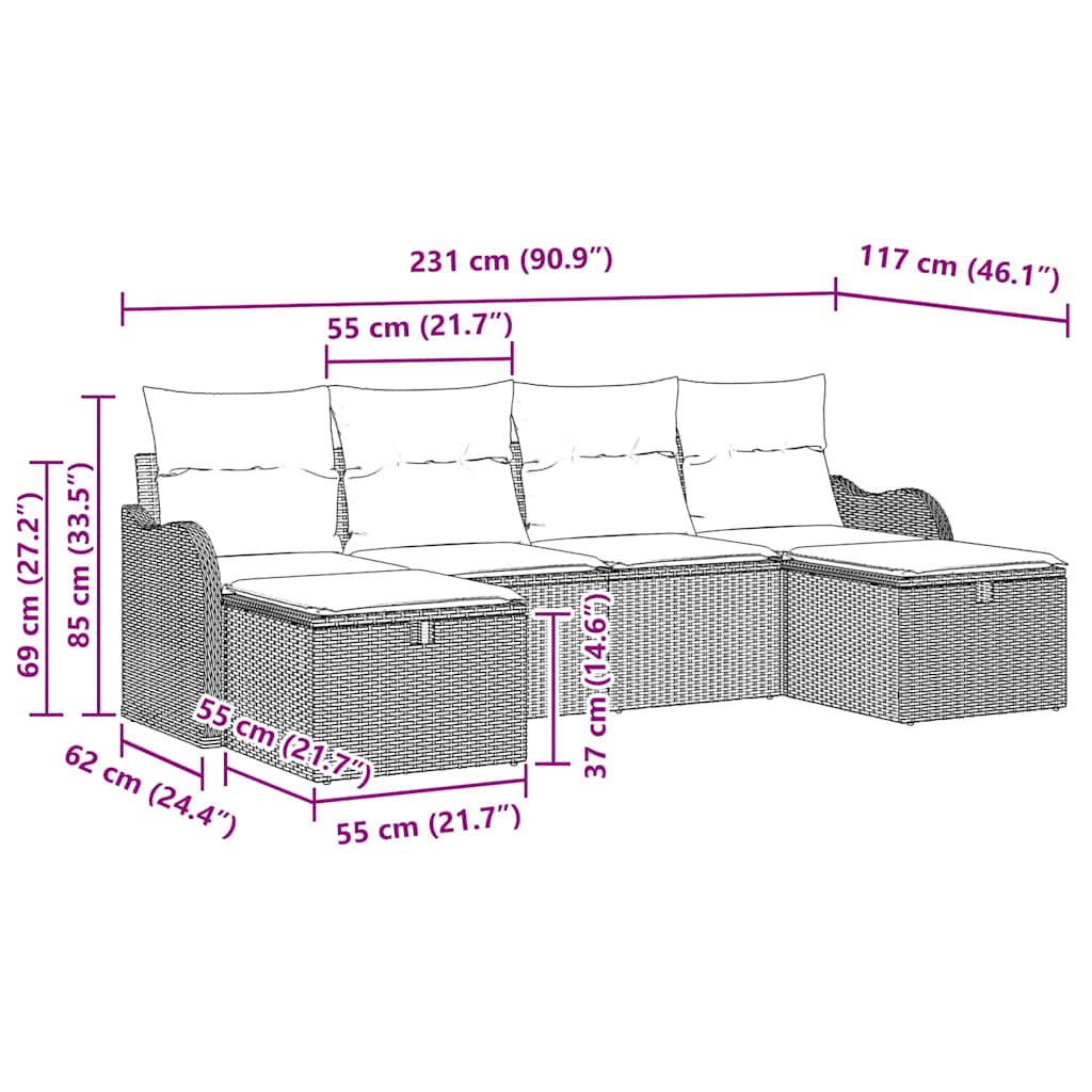 Conjunto de sofá de jardín 6 pcs Beige ratán sintético