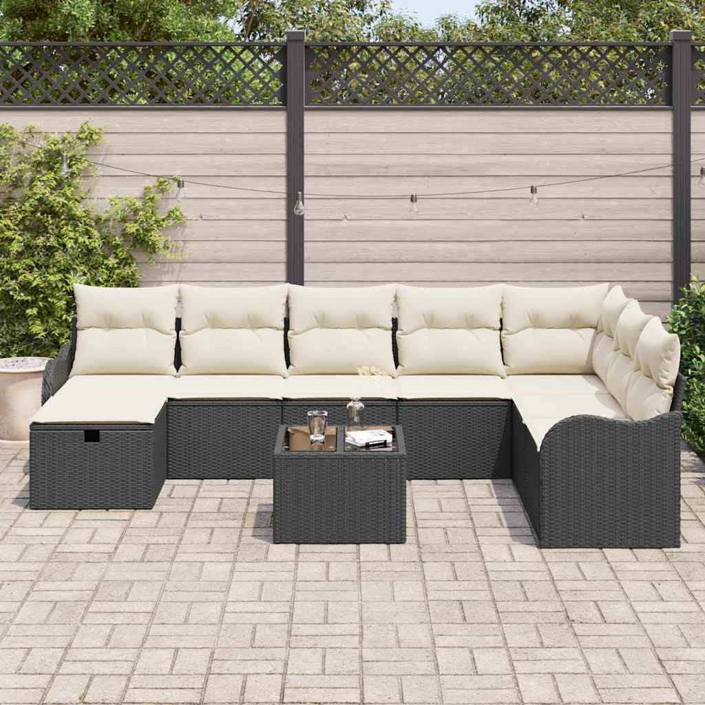 Conjunto de sofá de jardín con cojín 9 pcs Negro Poliratán