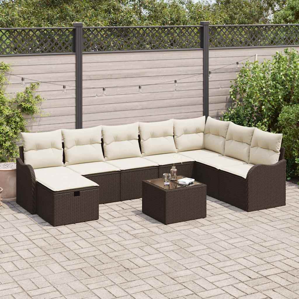 Conjunto de sofá de jardín con cojín 9 pcs Marrón Poliratán