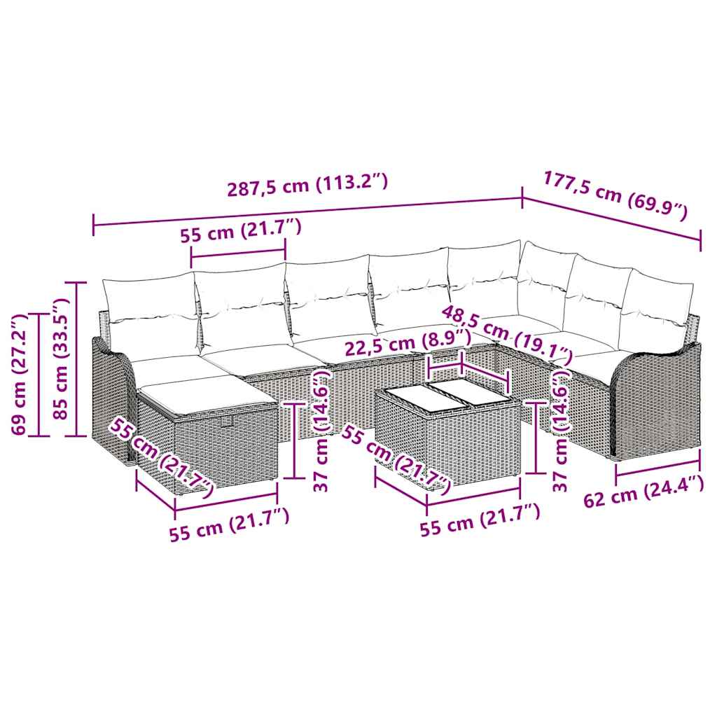 Conjunto de sofá de jardín con cojín 9 pcs Marrón Poliratán