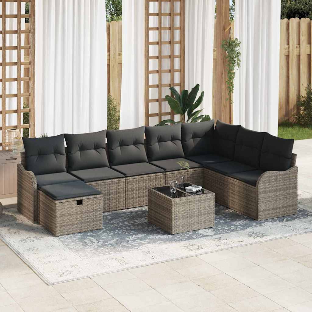 Conjunto de sofá de jardín con cojín 9 pcs Gris Poliratán