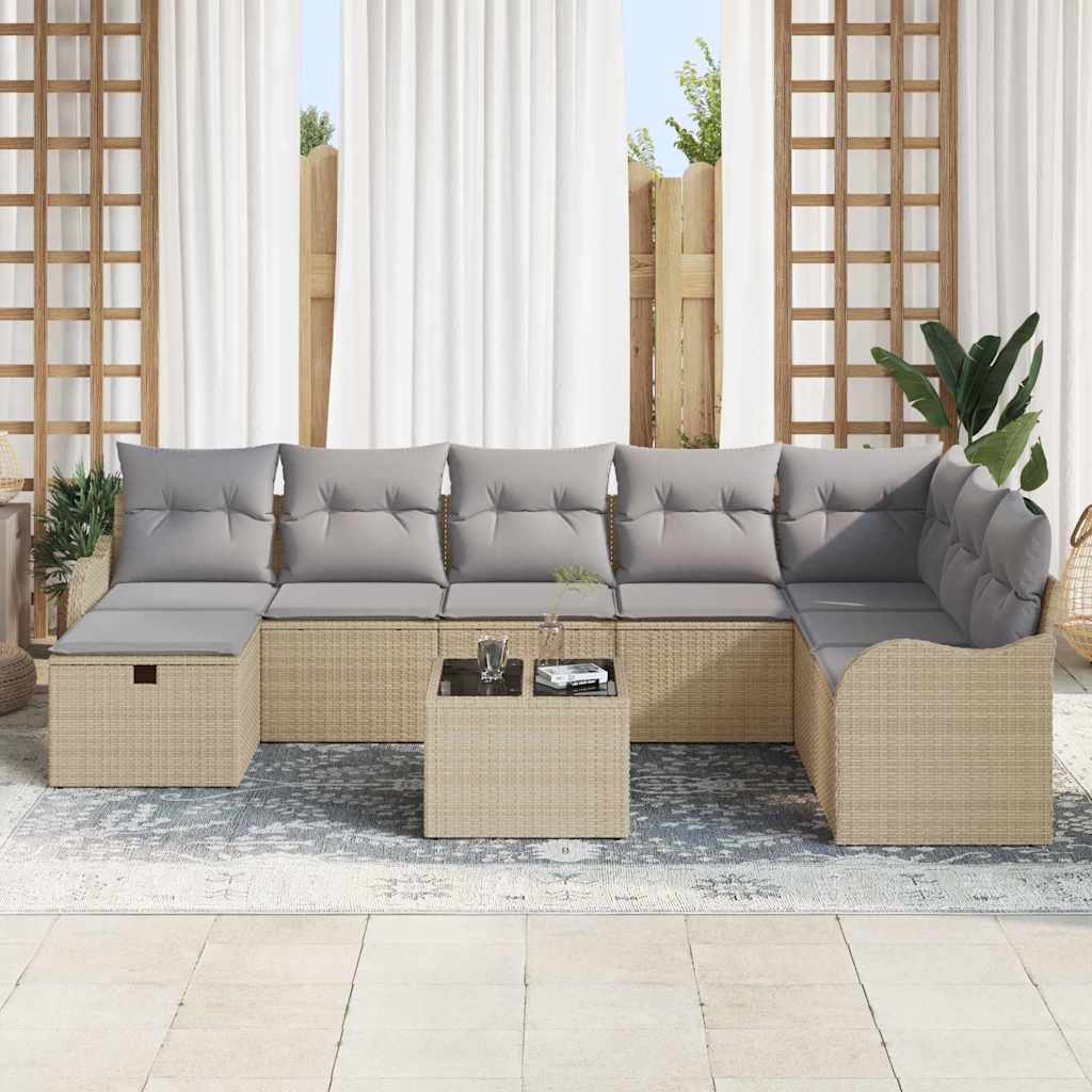 Conjunto de sofá de jardín con cojín 9 pcs Beige Poliratán