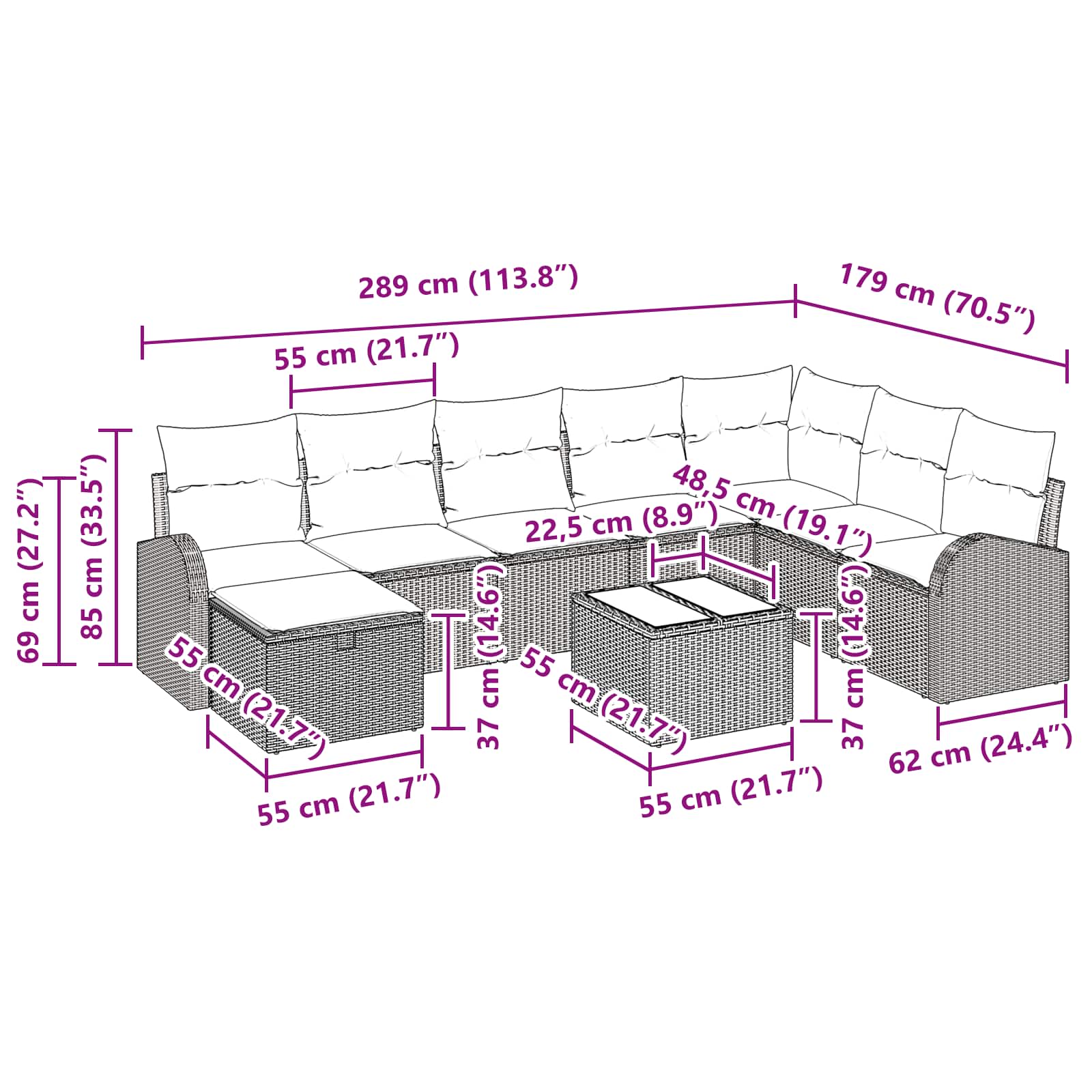 Conjunto de sofá de jardín con cojín 9 pcs Marrón Poliratán