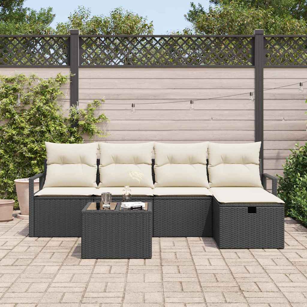 Conjunto de sofá de jardín con cojín 6 pcs Negro Poliratán