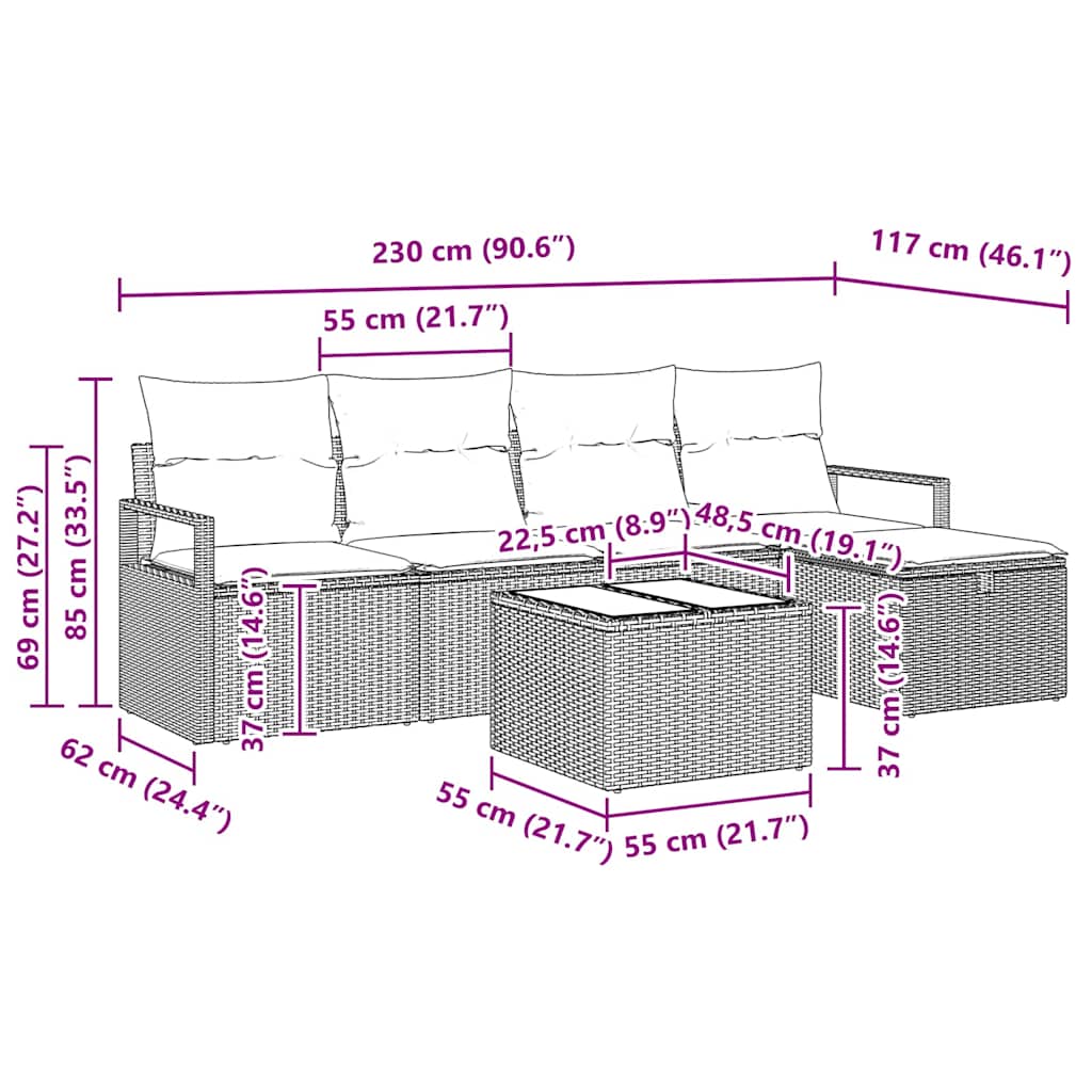 Conjunto de sofá de jardín con cojín 6 pcs Marrón Poliratán
