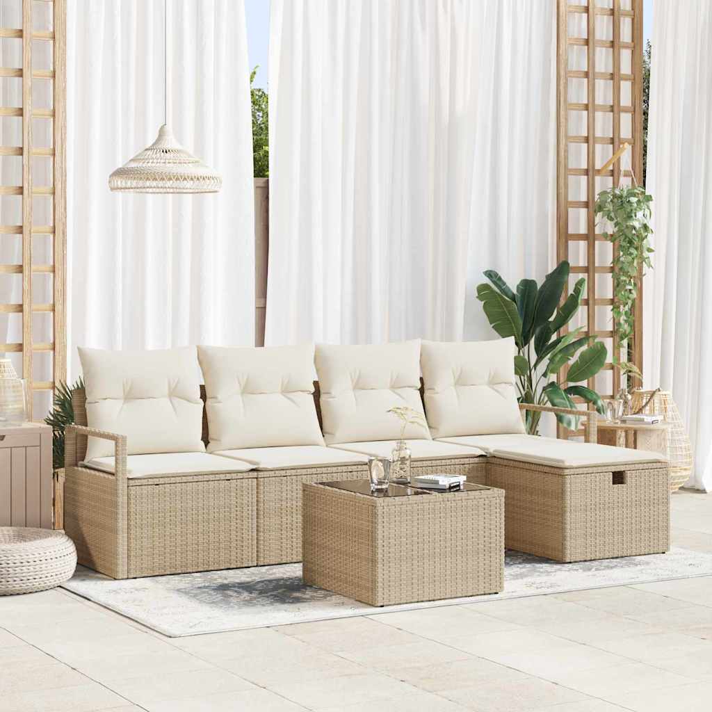 Conjunto de sofá de jardín con cojín 5 pcs Beige Poliratán