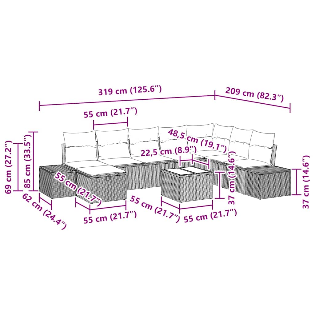 Conjunto de sofá de jardín 9 pcs Gris claro Poliratán