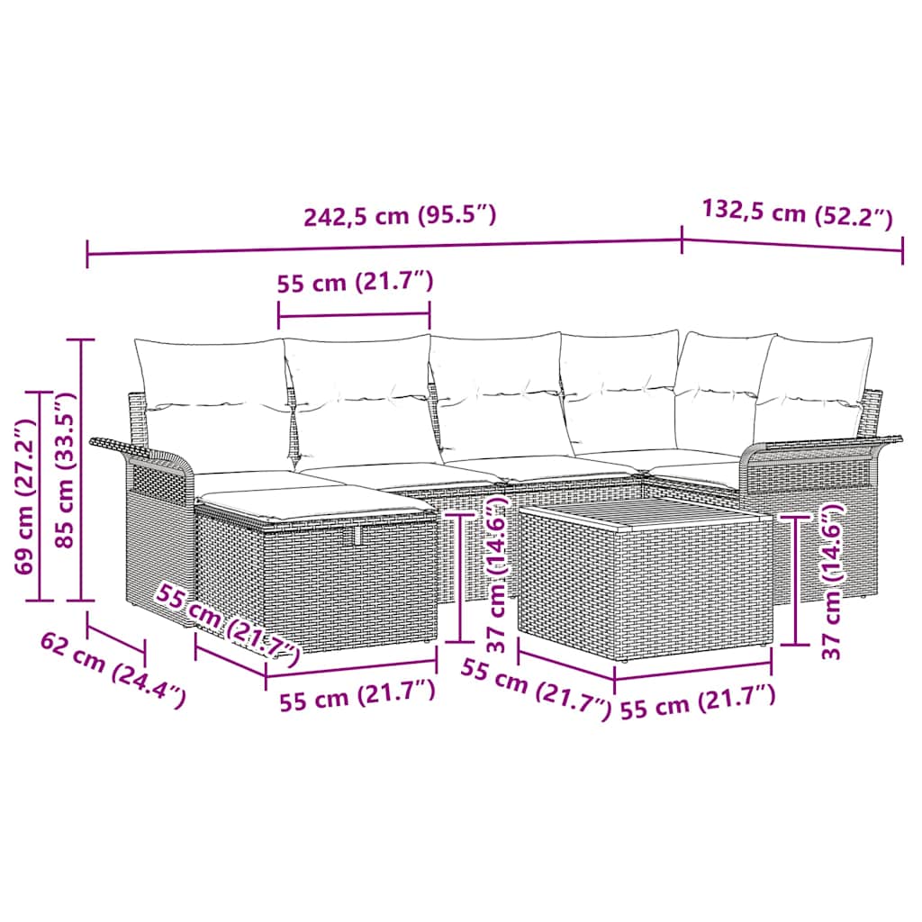 Conjunto de sofás de jardín con cojín 7 pcs Beige Poliratán