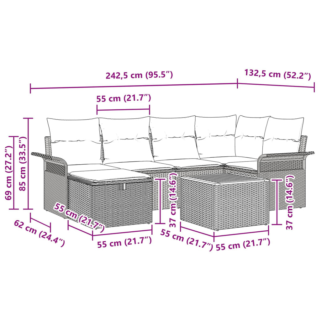 Conjunto de sofás de jardín con cojín 7 pcs Gris Poliratán