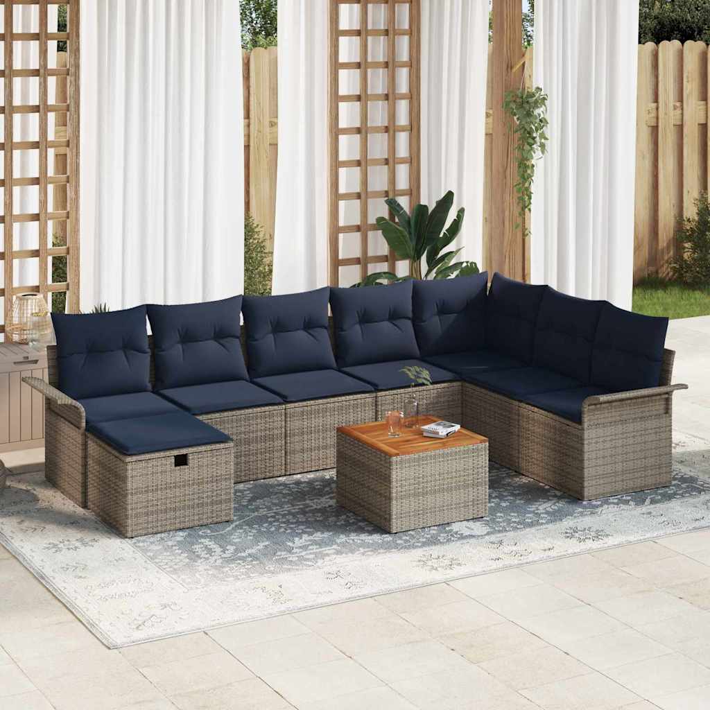 Conjunto de sofás de jardín con cojín 9 pcs Gris Poliratán