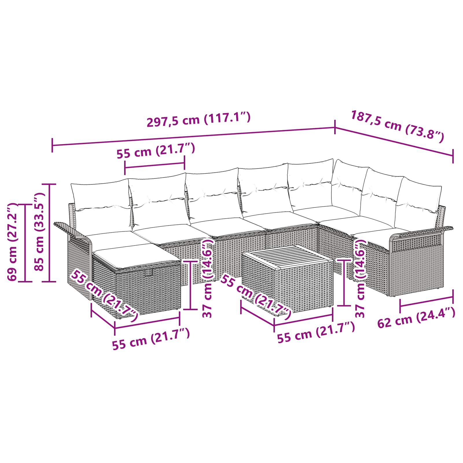 Conjunto de sofás de jardín con cojín 9 pcs Gris Poliratán