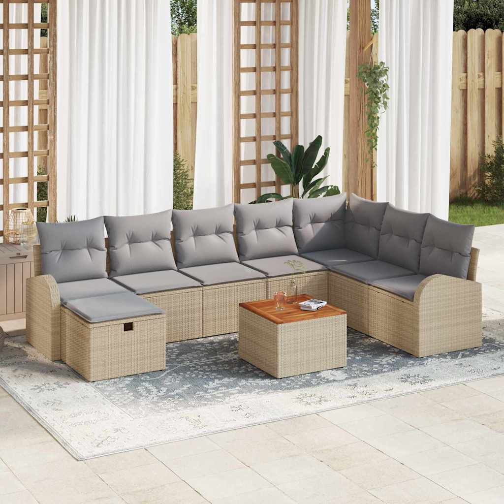 Conjunto de sofás de jardim com almofada 9 peças Bege Polirratã