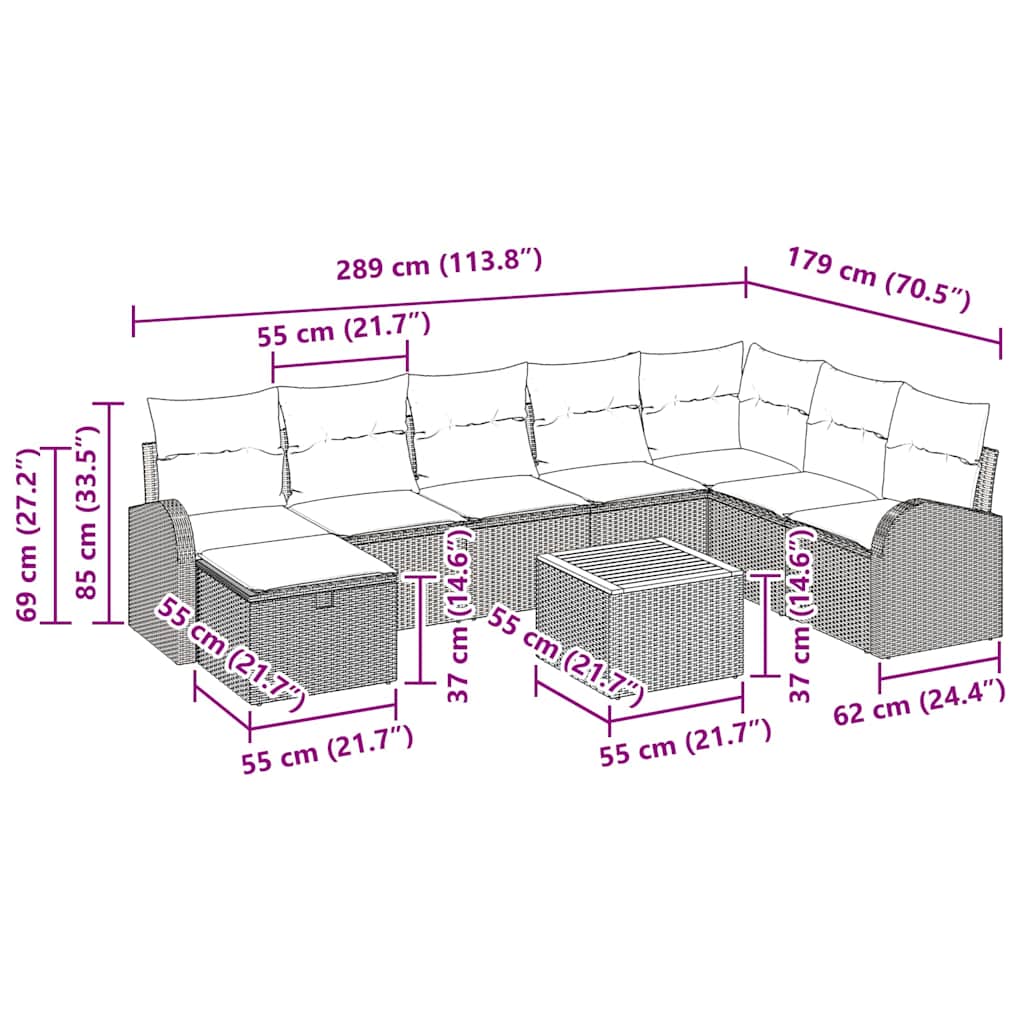 Conjunto de sofás de jardín con cojín 9 pcs Beige Poliratán