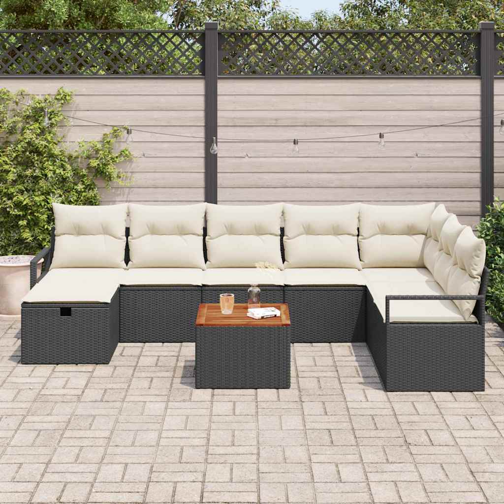 Conjunto de sofás de jardín con cojín 9 pcs Negro Poliratán