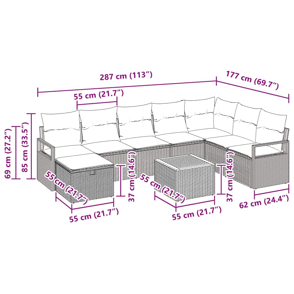 Conjunto de sofás de jardín con cojín 9 pcs Negro Poliratán