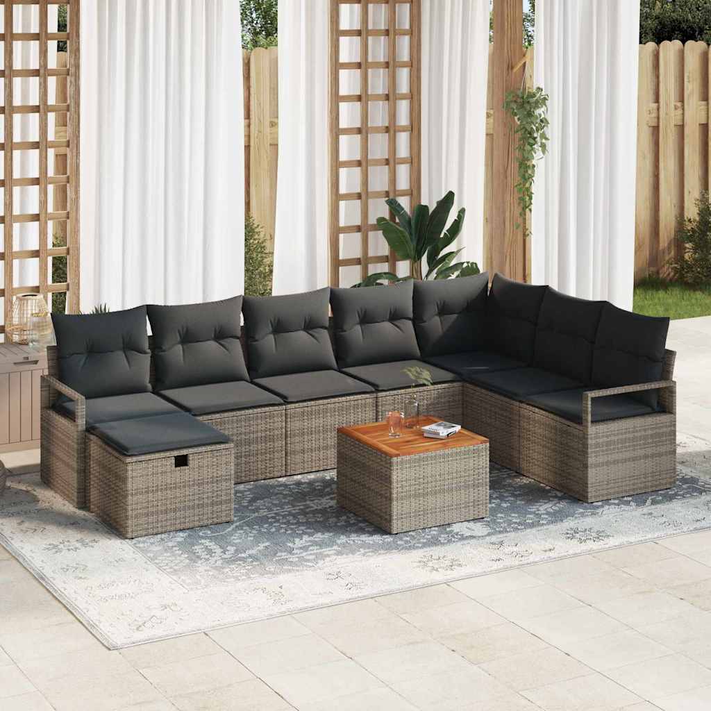 Conjunto de sofás de jardín con cojín 9 pcs Gris Poliratán