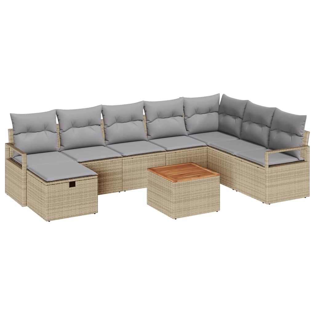 Conjunto de sofás de jardín con cojín 9 pcs Beige Poliratán