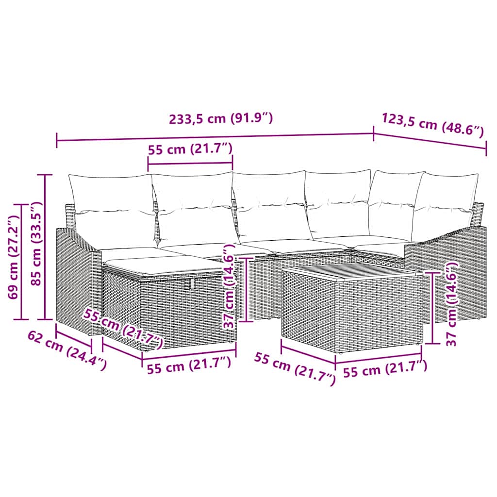 Conjunto de sofás de jardín con cojín 7 pcs Beige Poliratán