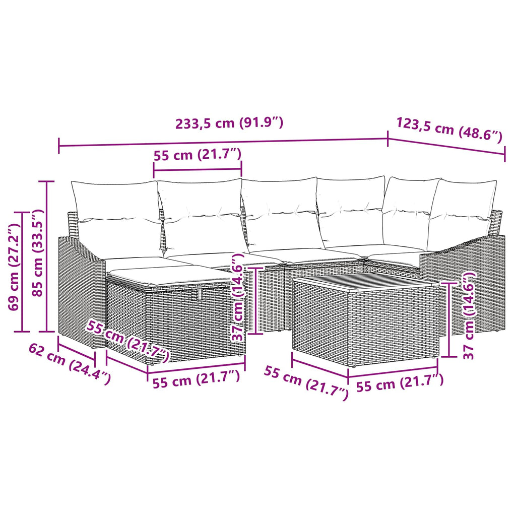 Conjunto de sofás de jardín con cojín 7 pcs Gris Poliratán