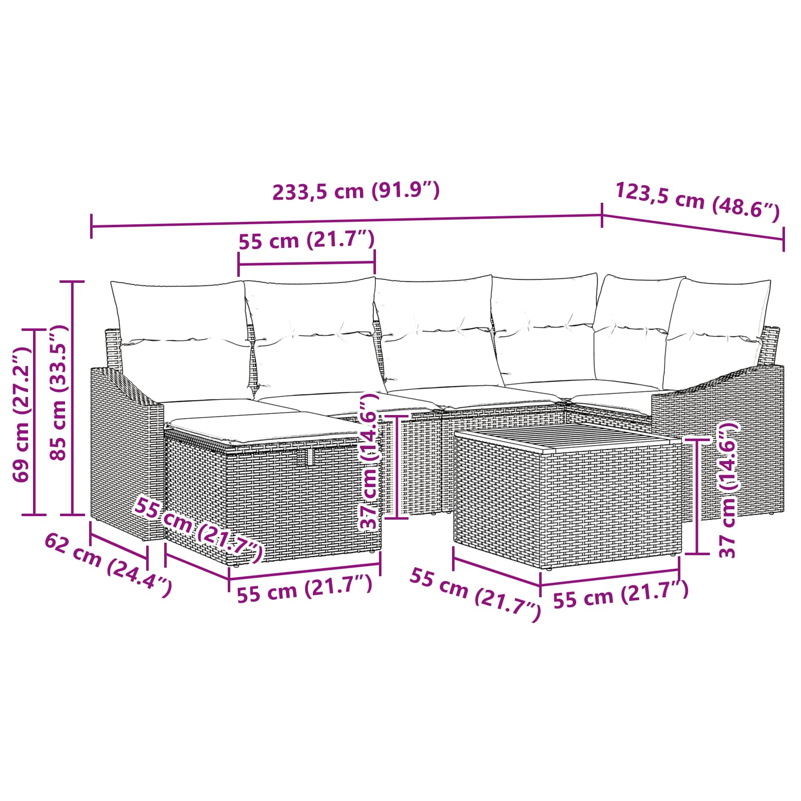 Conjunto de sofás de jardín con cojín 7 pcs Gris Poliratán