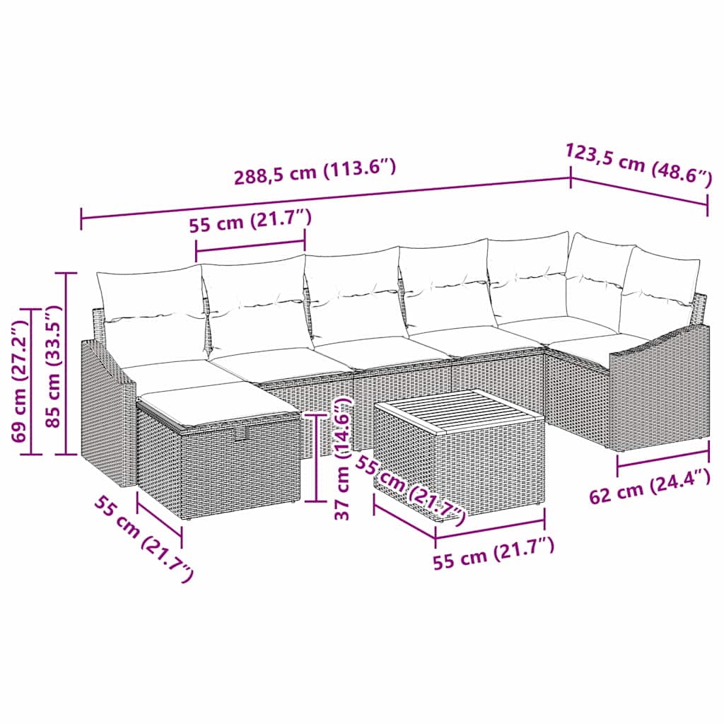 Conjunto de sofás de jardín con cojín 8 pcs Beige Poliratán