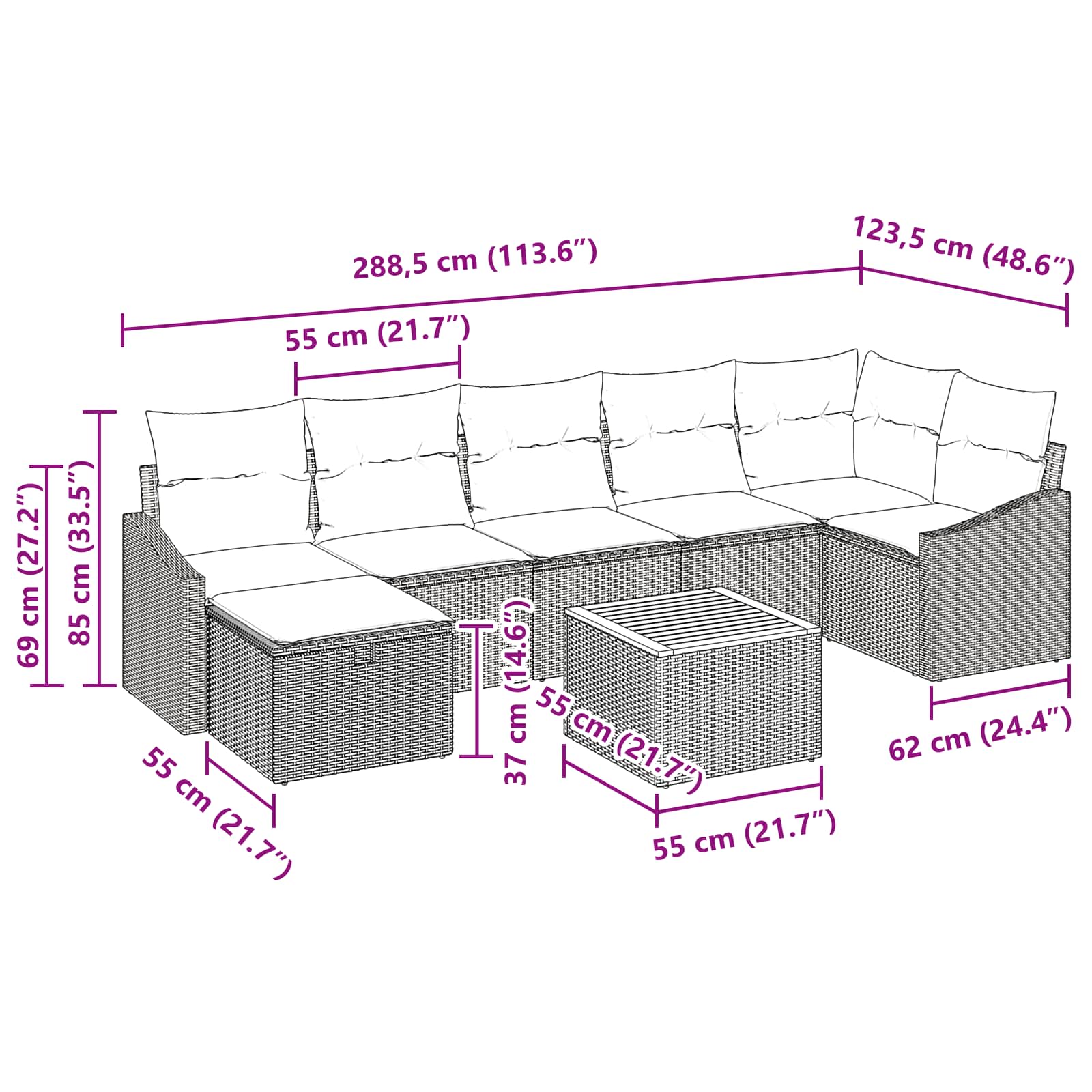 Conjunto de sofás de jardín con cojín 8 pcs Gris Poliratán