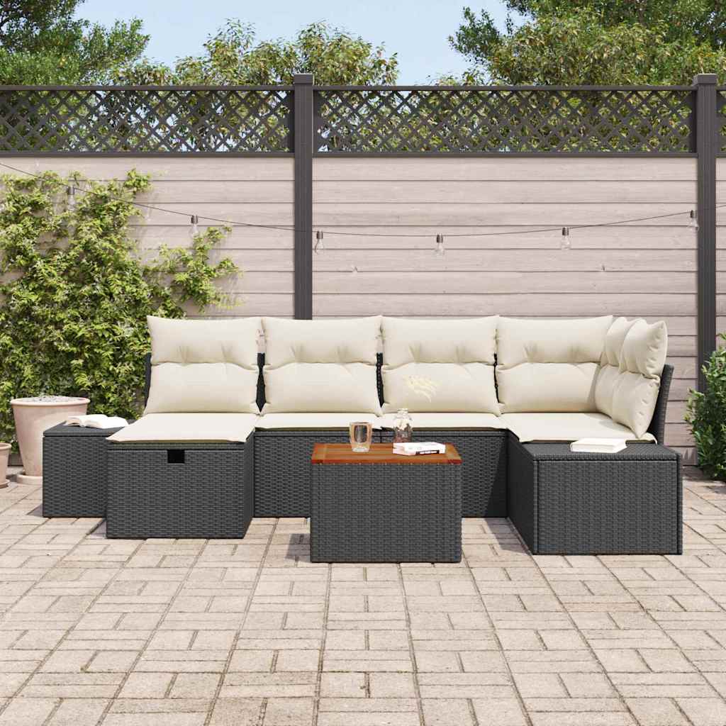 Conjunto de sofás de jardín con cojín 7 pcs Negro Poliratán