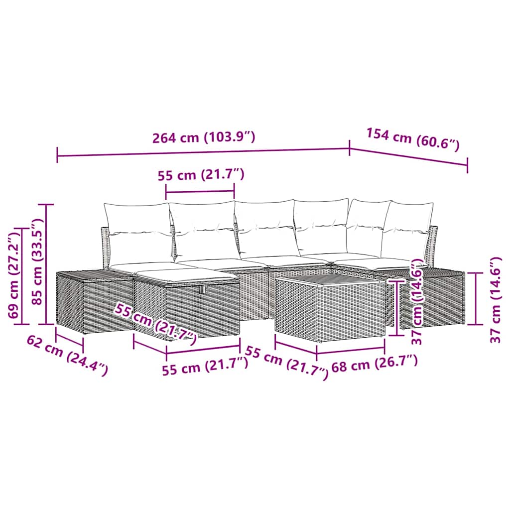 Conjunto de sofás de jardín con cojín 7 pcs Beige Poliratán